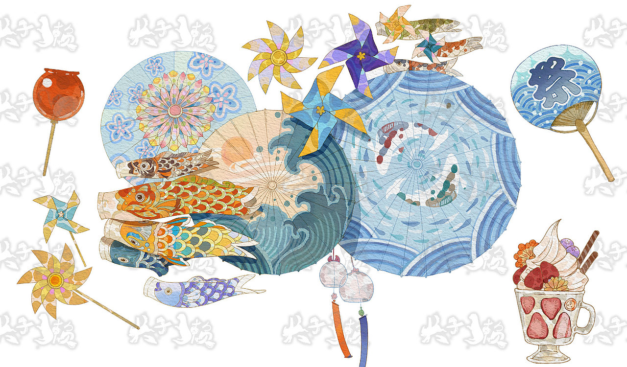 水彩和风元素伞（图ZMzI3NDUzOTI4） - 商业插画 - 站酷设计师犬子獭原创素材 - 站酷ZCOOL