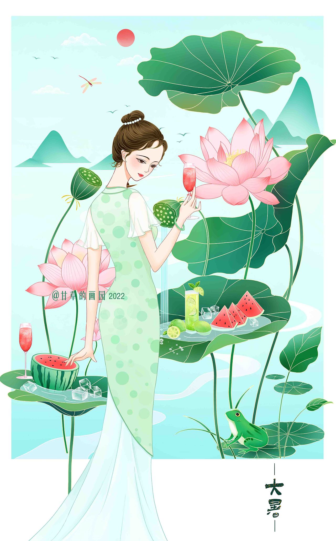 国风夏日节气清凉一夏旗袍美人（图ZMzE2NjA1Nzcy） - 商业插画 - 站酷设计师甘草的画园原创素材 - 站酷ZCOOL