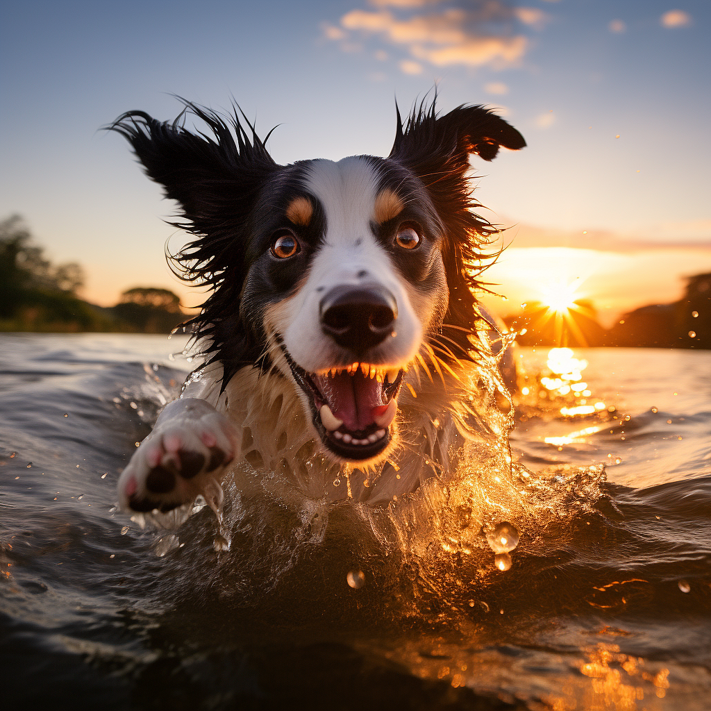 欢快明亮的边境牧羊犬在日落时分的河中游泳