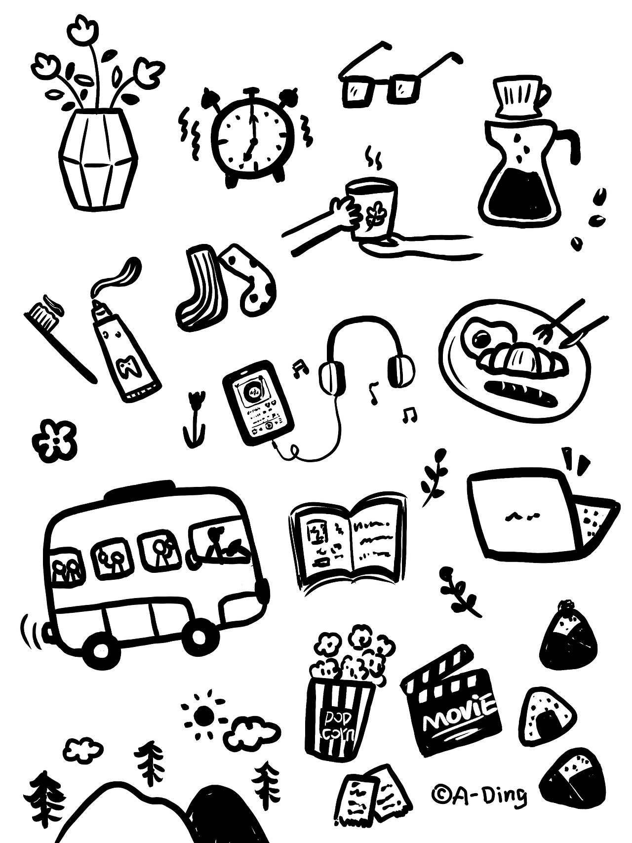 黑白线描简笔画可爱手账元素