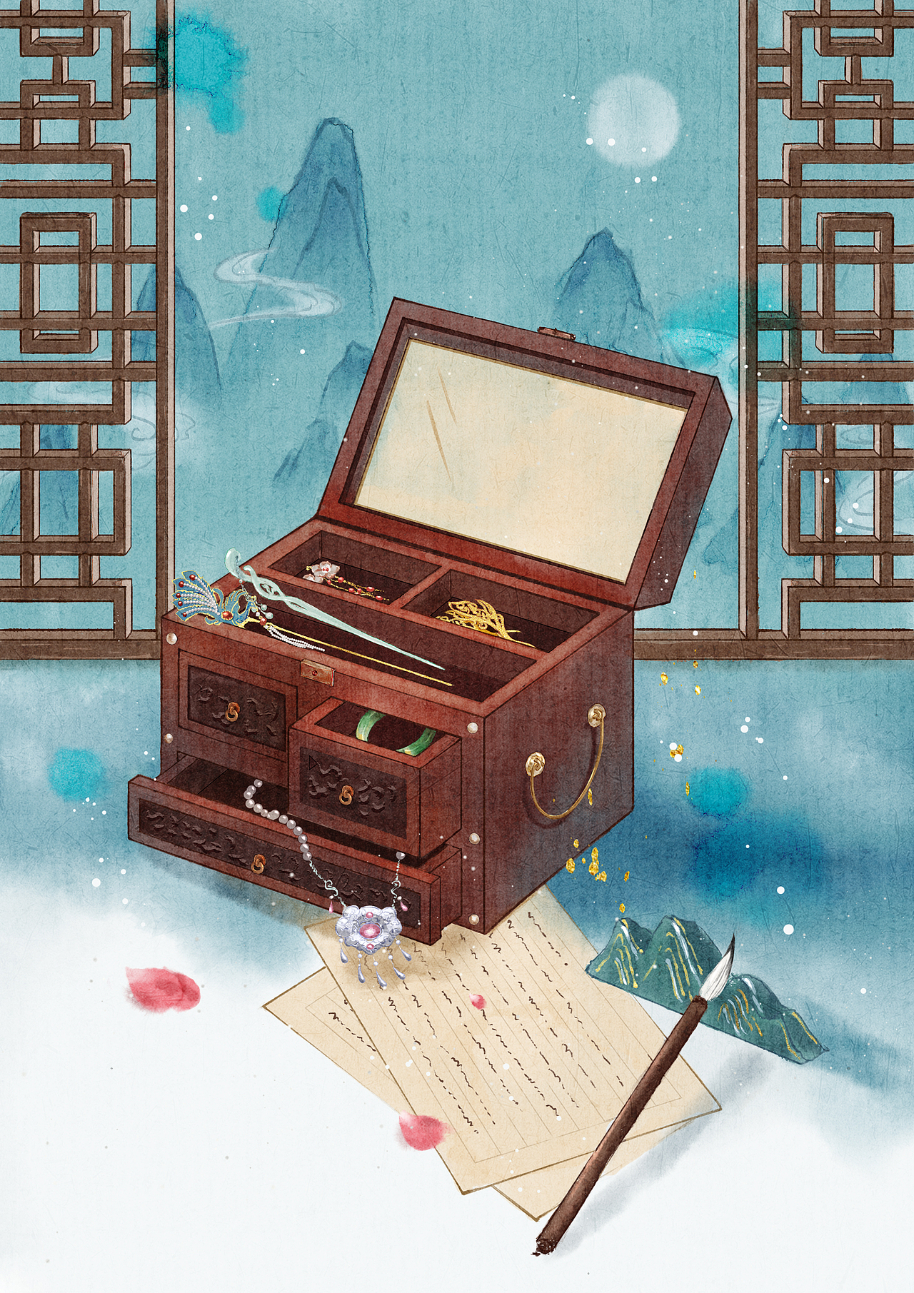 【古风小景】梳妆盒（图ZMzQzNTAyMTQ4） - 商业插画 - 站酷设计师画画的晖言原创素材 - 站酷ZCOOL
