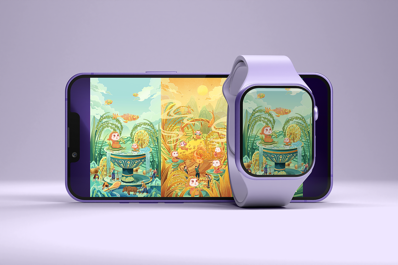 文创插画丨非遗稻鱼共生手机壁纸