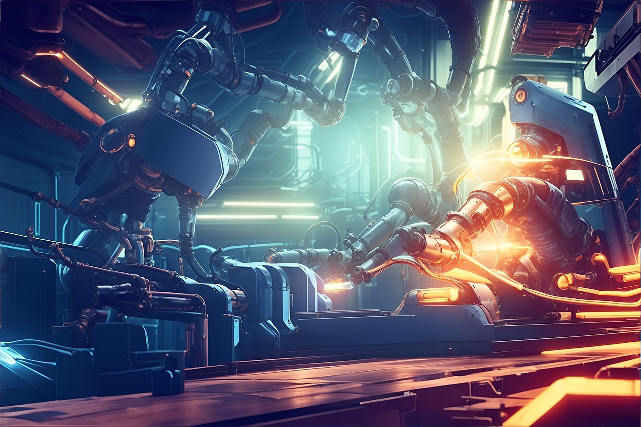 智能机械臂在工厂车间工作的艺术感场景