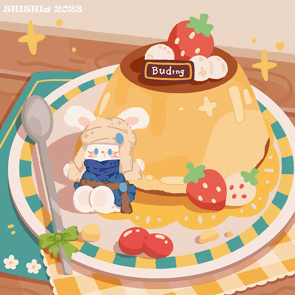 兔年吃布丁 美食场景插画