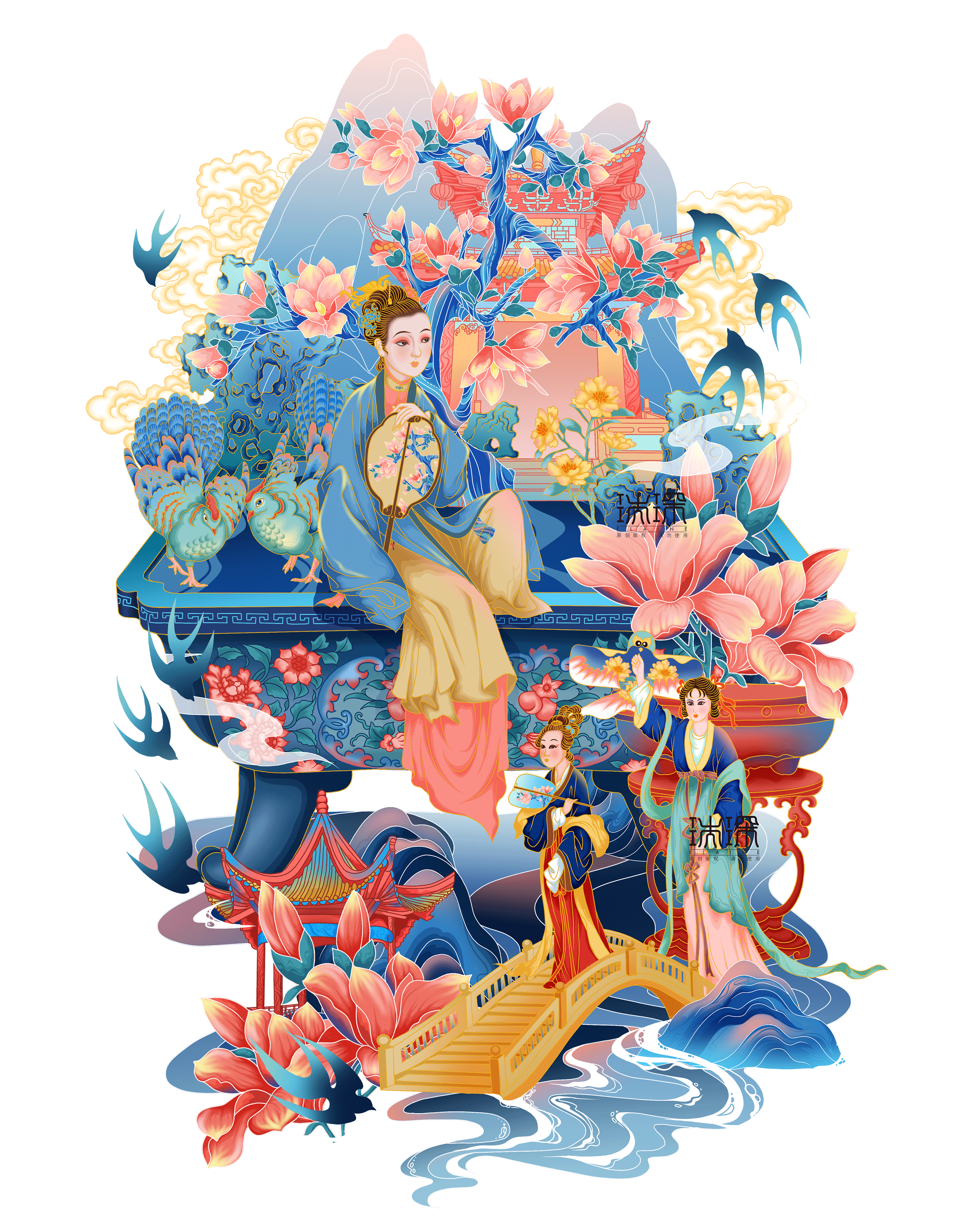 故宫宝石盆景仕女图 | 国潮商业插画