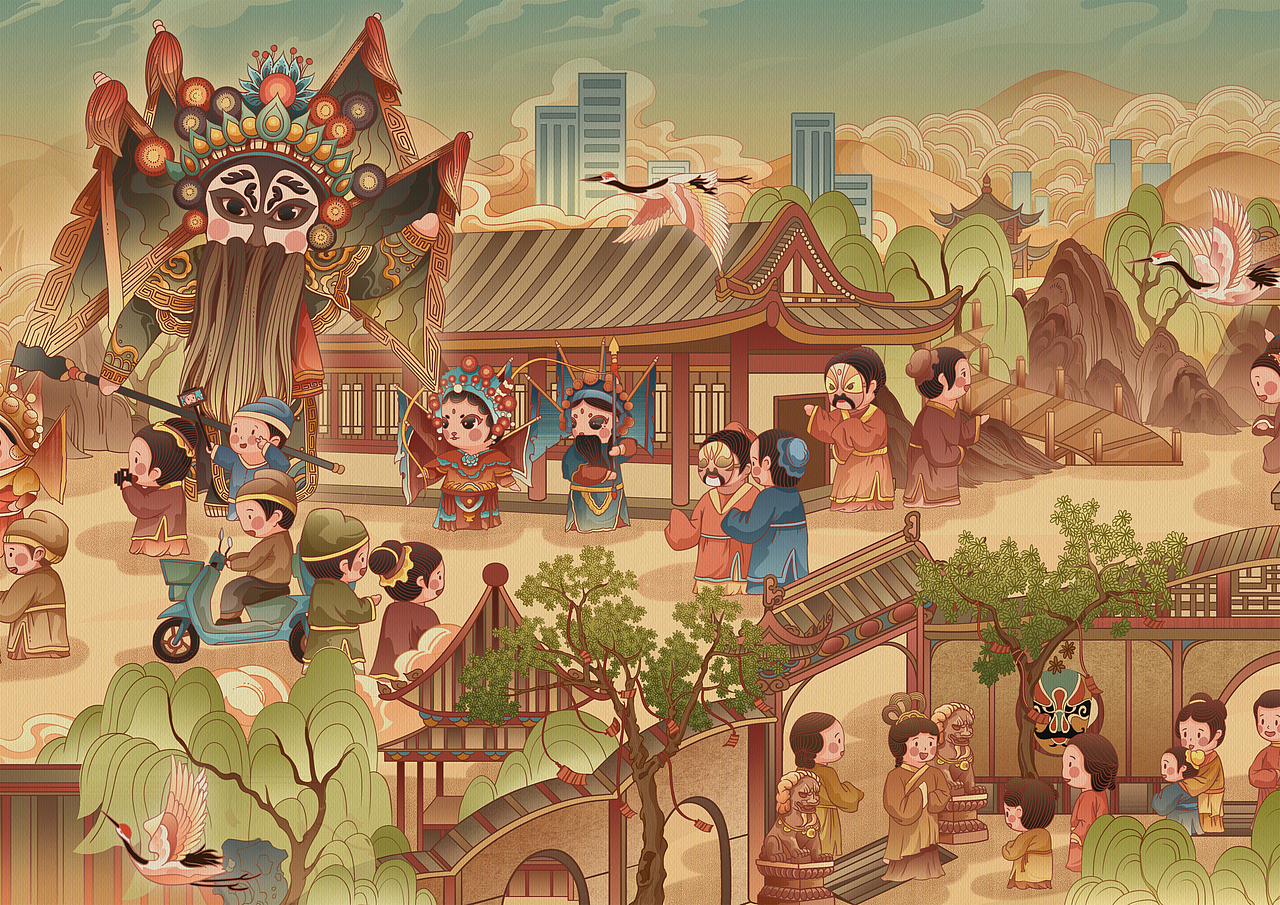 秦腔戏曲非遗长卷国潮插画——《秦腔街》（图ZMzQ0OTUwMDc2） - 商业插画 - 站酷设计师画画的阿城原创素材 - 站酷ZCOOL