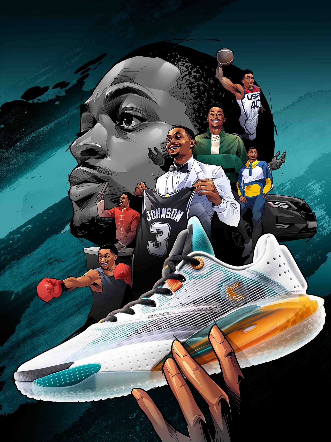 中乔体育KJ凯尔登约翰逊中国行插画海报设计 美漫写实