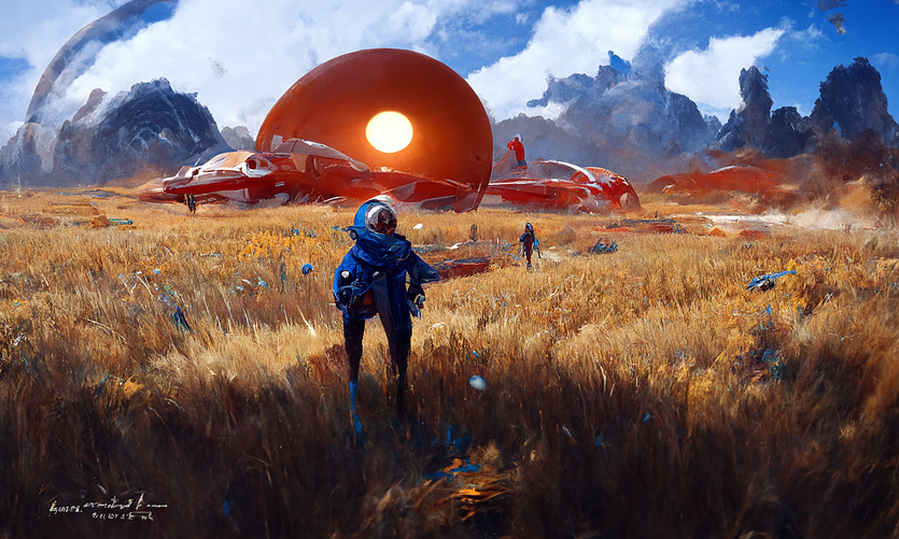 图1 图2 图3
在一个布满蓝色植物的星球上,蓝白相间山脉,淡黄色的天空和红色<br>的太阳,一个穿着夹克的男人站在一艘小型的穿梭机旁边,蓝色的植<br>物像海浪一样翻涌着