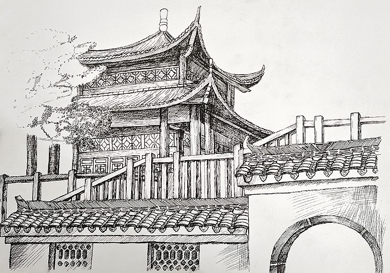 古建筑钢笔画（图ZMzUzMjY5ODA4） - 商业插画 - 站酷设计师藝孑原创素材 - 站酷ZCOOL