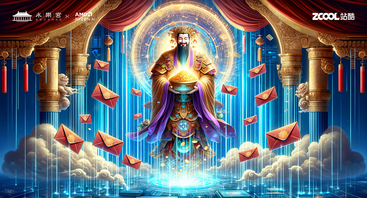 数字仙境：AMD、永乐宫与财神联手AI，共绘科技瑞气！（图ZMzU4NzM5MTA4） - AI作品 - 站酷设计师不耳创意设计原创素材 - 站酷ZCOOL