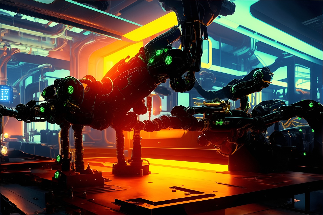 智能机械臂在工厂车间工作的艺术感场景