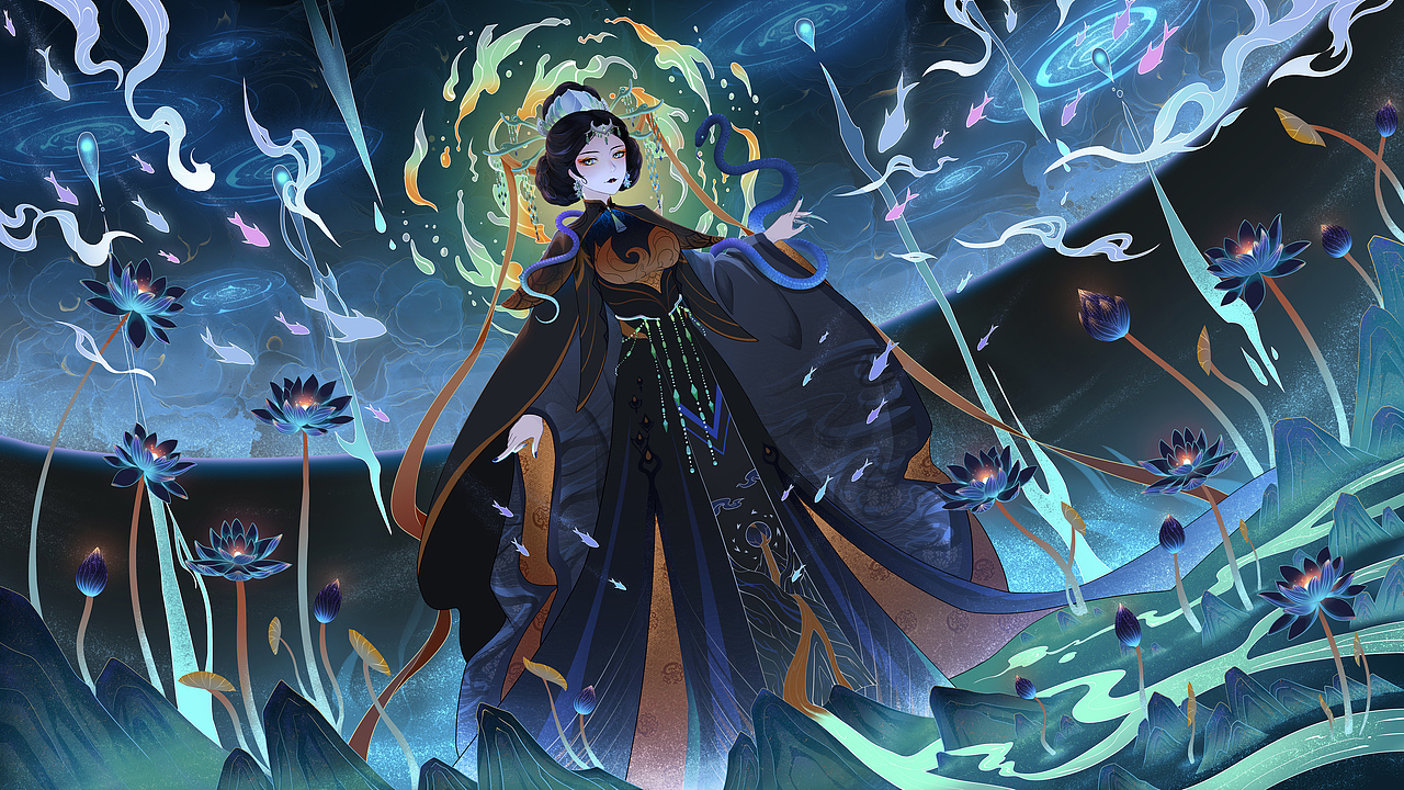 玄武拟人,玄武属水,整个画面都与水有关,盛开的莲花,游动的鱼群,天空犹如水镜,裙摆上的纹路化为山川河流的一个感觉