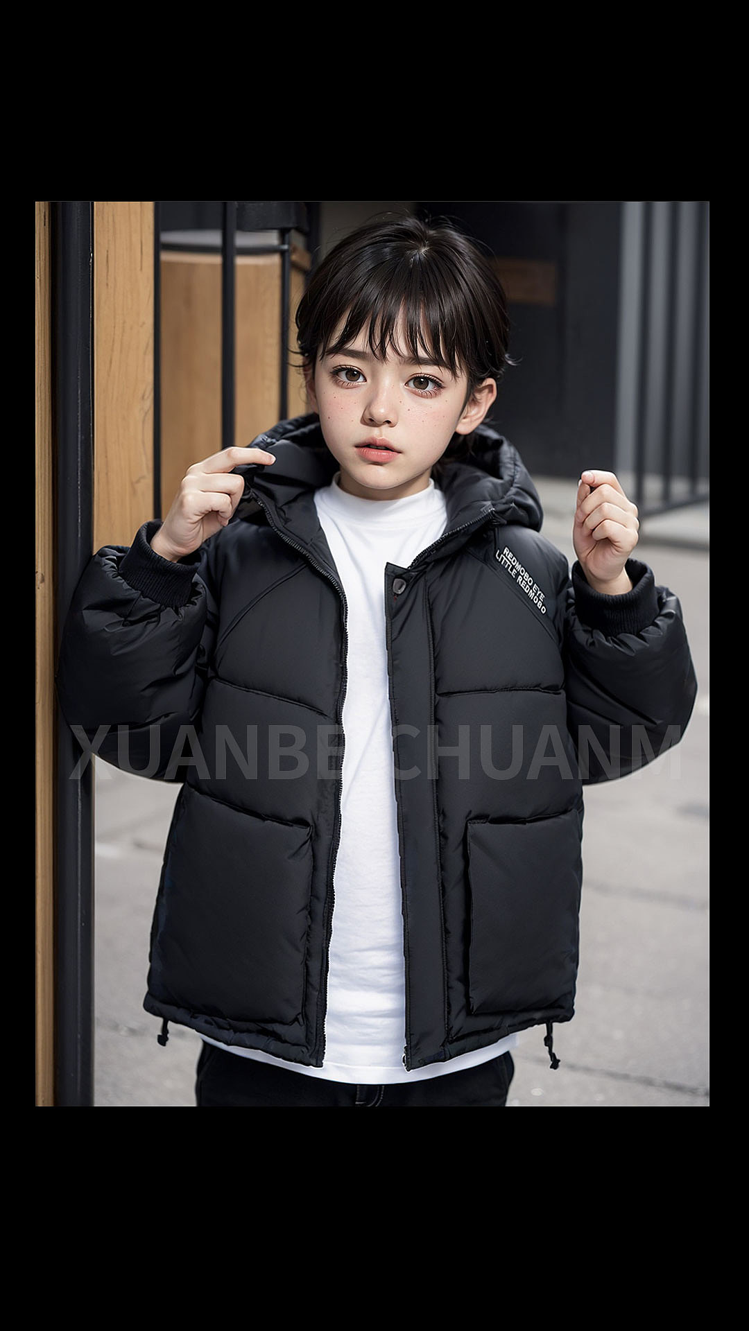 AI-写实生成棉袄男童模特场景
