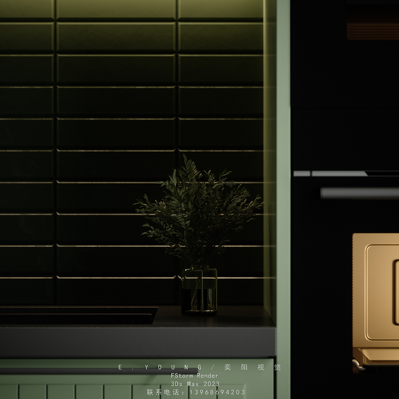 近期渲染丨暗调墨绿厨房（图ZMzE4MDYzNzEy） - 家装设计 - 站酷设计师奕阳视觉设计原创素材 - 站酷ZCOOL