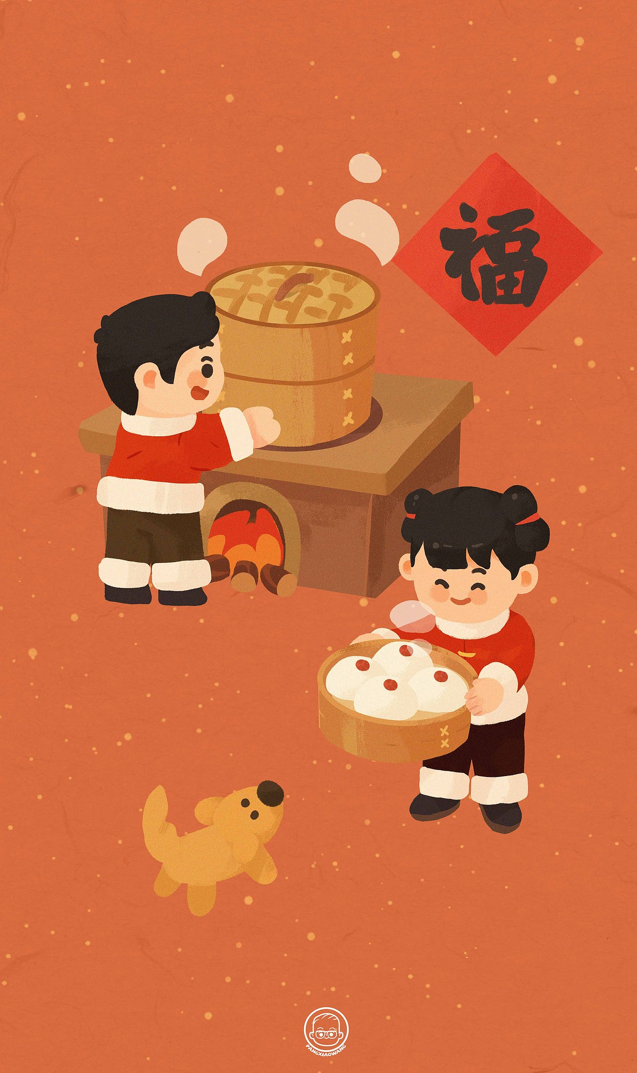 腊月二十九 蒸馒头大年三十 熬一宿原创作品插画儿童插画春节年俗新年