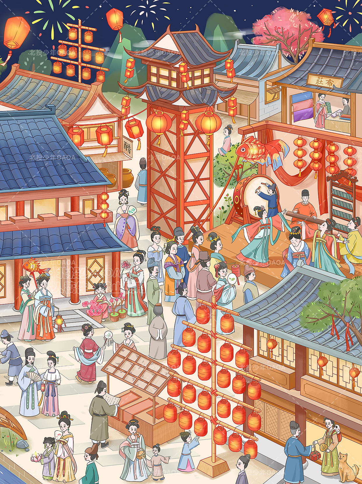 大唐夜游图 | 原创插画（图ZMzUwMzc2MDI4） - 商业插画 - 站酷设计师北投少年OAOA原创素材 - 站酷ZCOOL