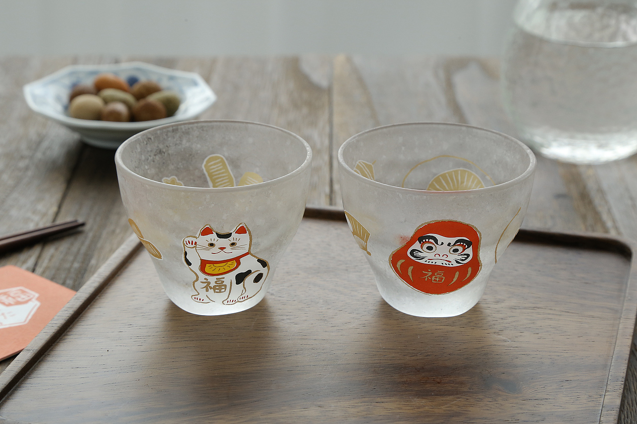 雪花纹吉祥物对杯手工玻璃杯