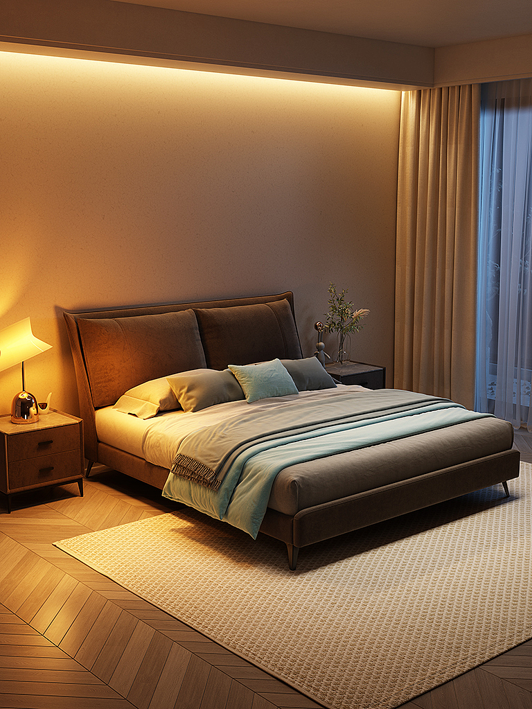 卧室科技绒布床产品场景效果图