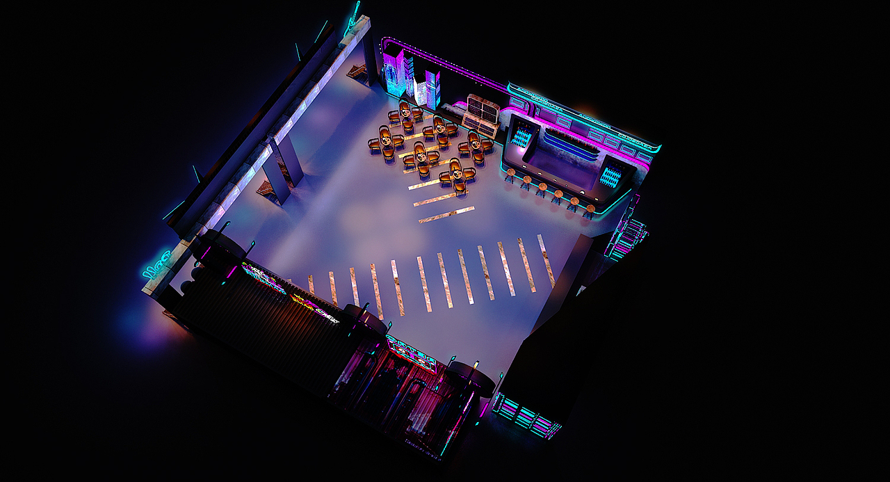 塞班朋克主题失重街区快闪路演设计3D效果图