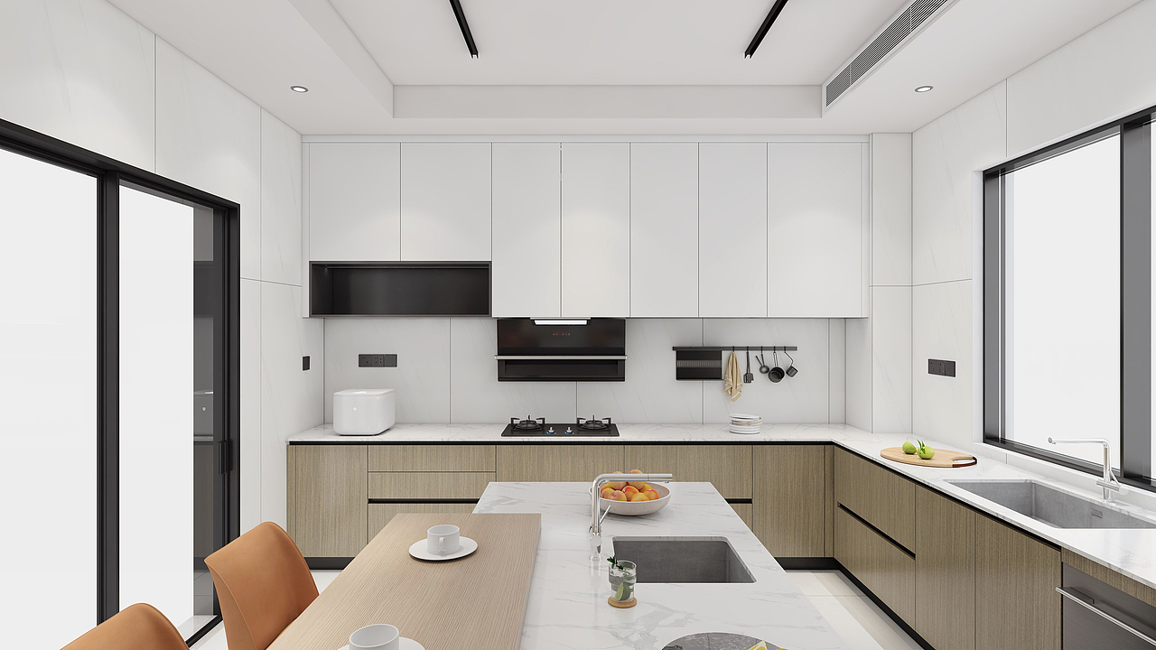 一套木纹的别墅厨房效果