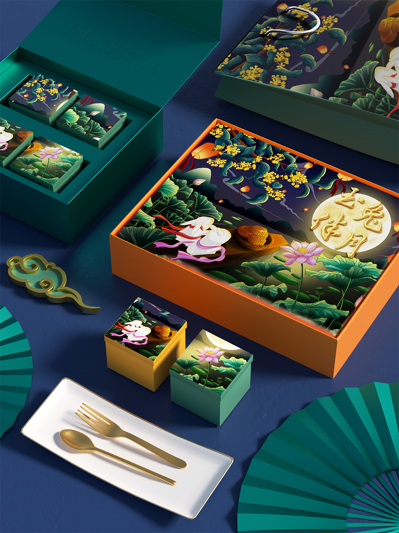 原创【玉兔伴月】中秋节国风手绘礼盒包装插画