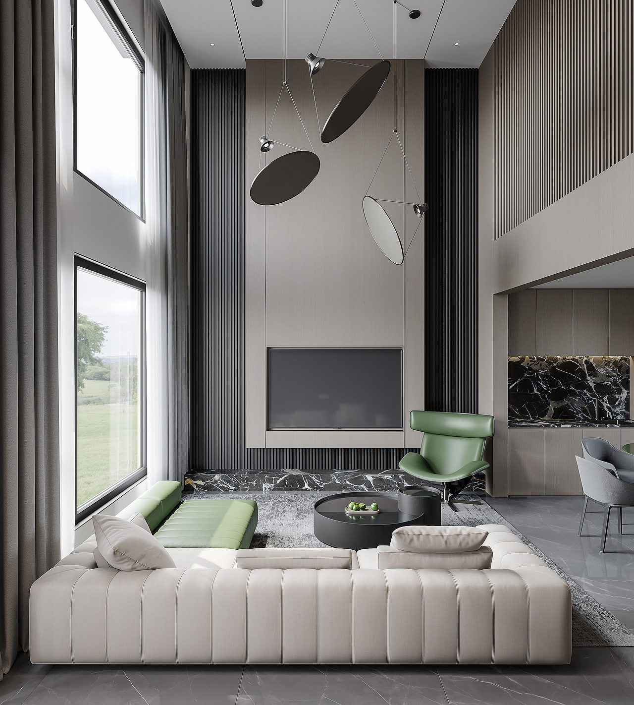 两套挑空别墅客餐厅效果图渲染