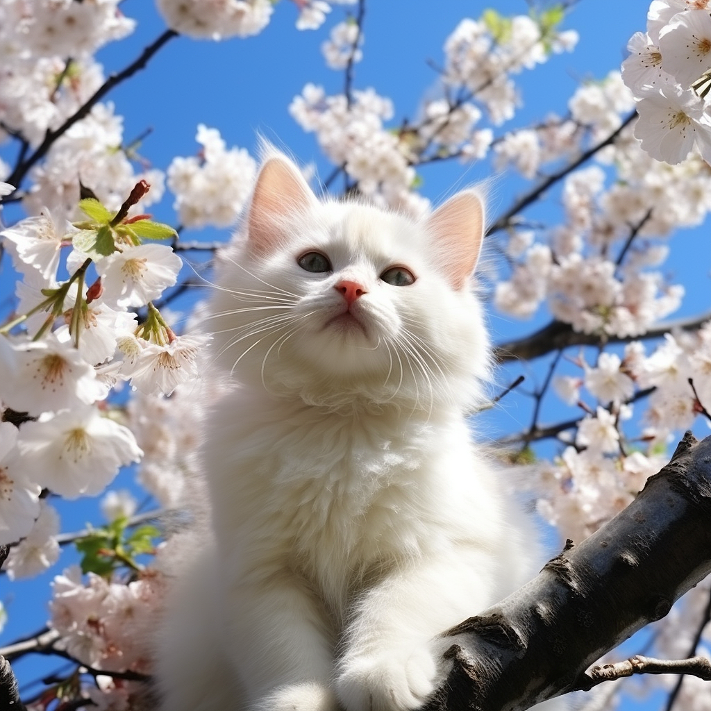 白猫坐在盛开的树上的照片