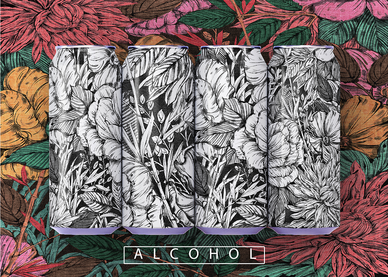 啤酒包装插画|黑白花卉|国画水墨