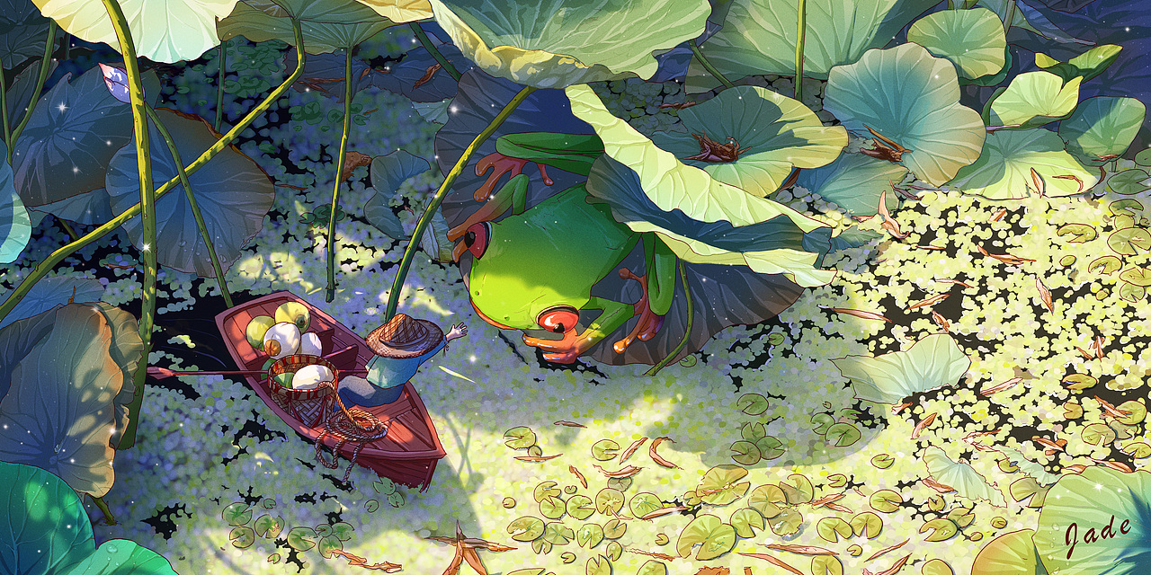 5.因为想表达晴朗的天气，所以色彩倾向会调的明显一些，亮部更黄更暖，暗部要偏蓝一些。光线强烈，阴影的边缘就要做的明确干净，画面的完整度才会提高。夏日荷塘荷叶旺盛，泛舟寻觅莲子，满载而归。推开层层浮萍，拨开层层荷叶，转角处偶遇一只青蛙先生，友好的挥手，快让我摸一摸蛙蛙的大脑袋！