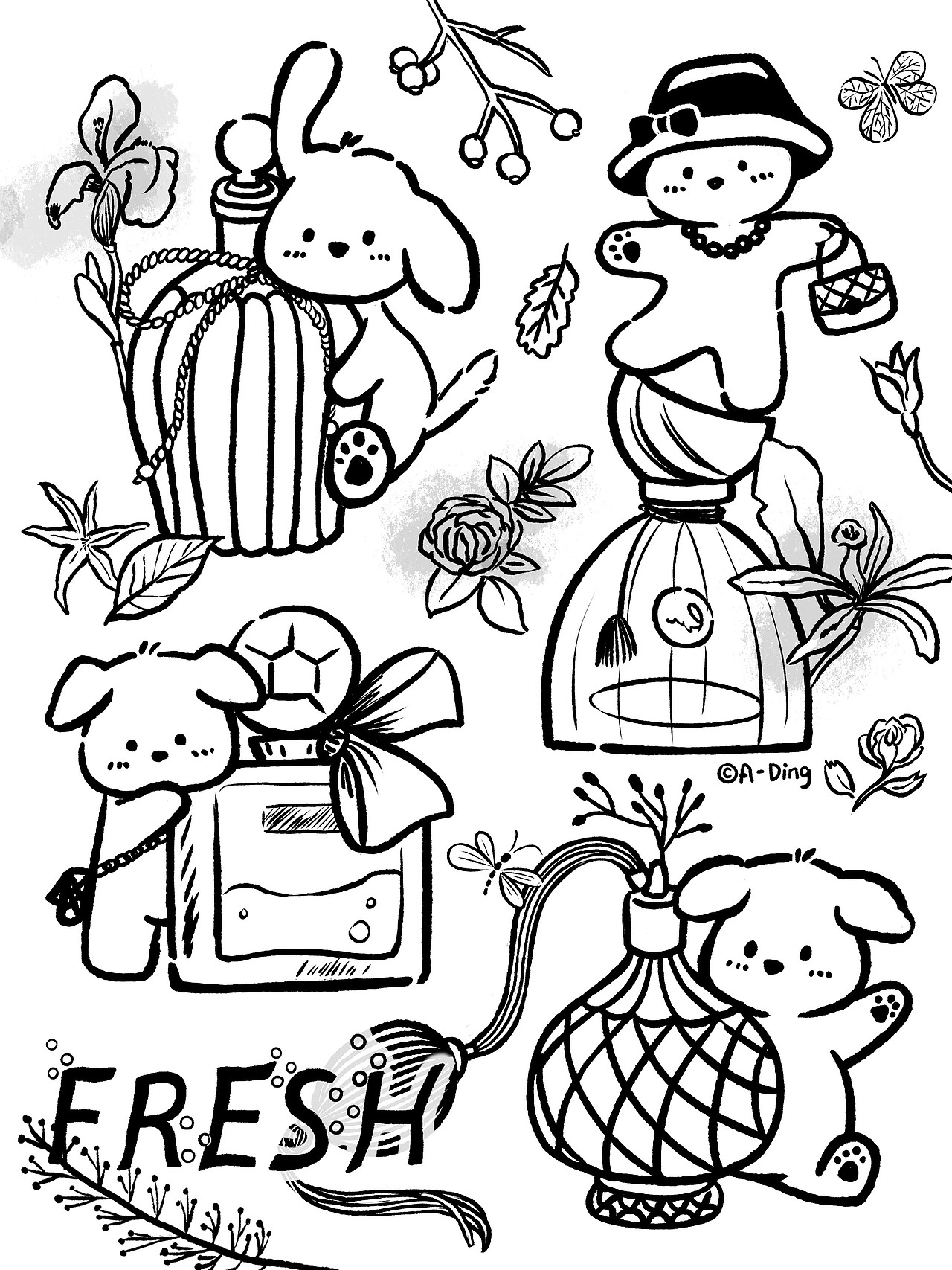 黑白线描手账素材-香喷喷与小可爱-简笔画香水与小狗