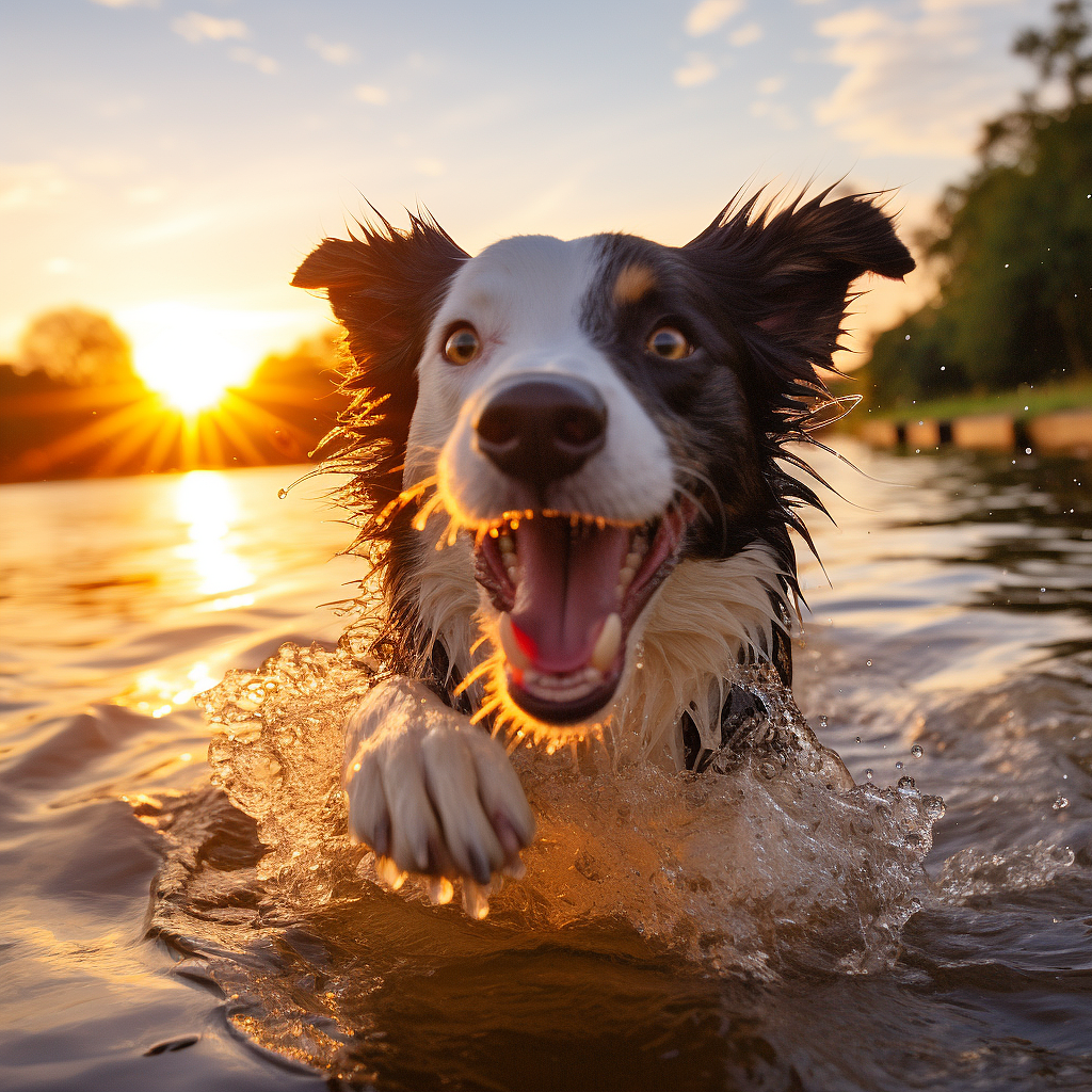 欢快明亮的边境牧羊犬在日落时分的河中游泳