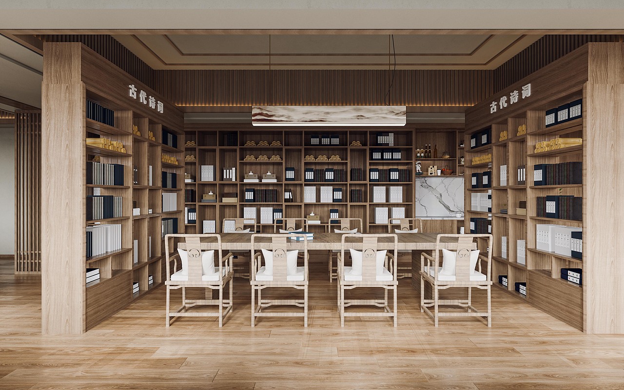 新中式图书馆 工装渲染