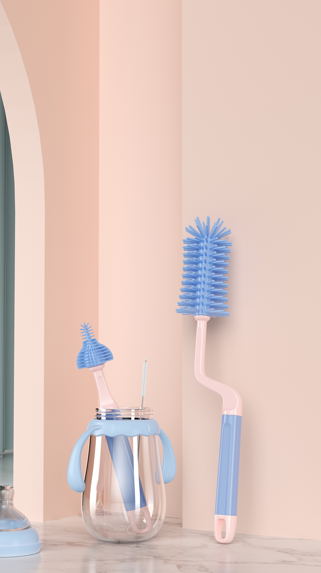 母婴三维设计C4D，硅胶奶瓶刷婴儿奶嘴吸管奶瓶刷套装