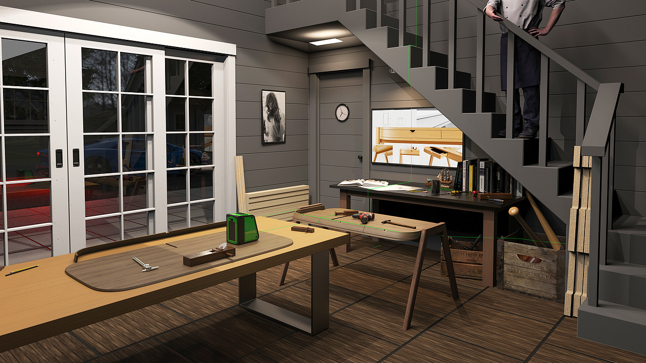 电钻/卡尺、两组室内场景渲染,