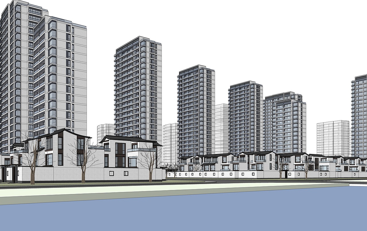 现代高层住宅+合院别墅SU模型下载