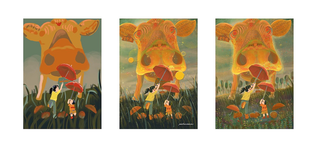 从色稿到最终的,这个灵感来自于一个牛的图片,让我想到了斗牛,以童趣的角度绘制。最开始草的画法看起来比较生硬,所以后面做了修改。