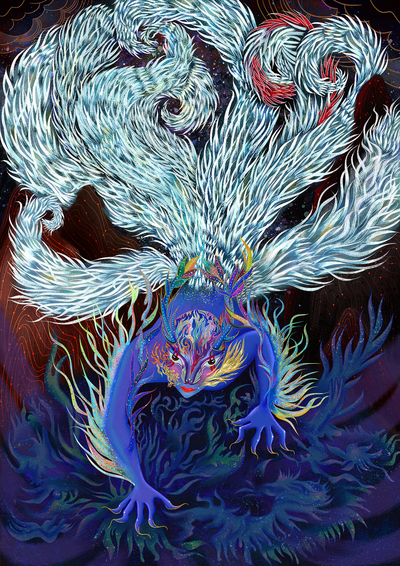 灵域九尾狐,天生九尾而有一尾朱砂色的毛发修炼成半身人模样,神态可亲可敬