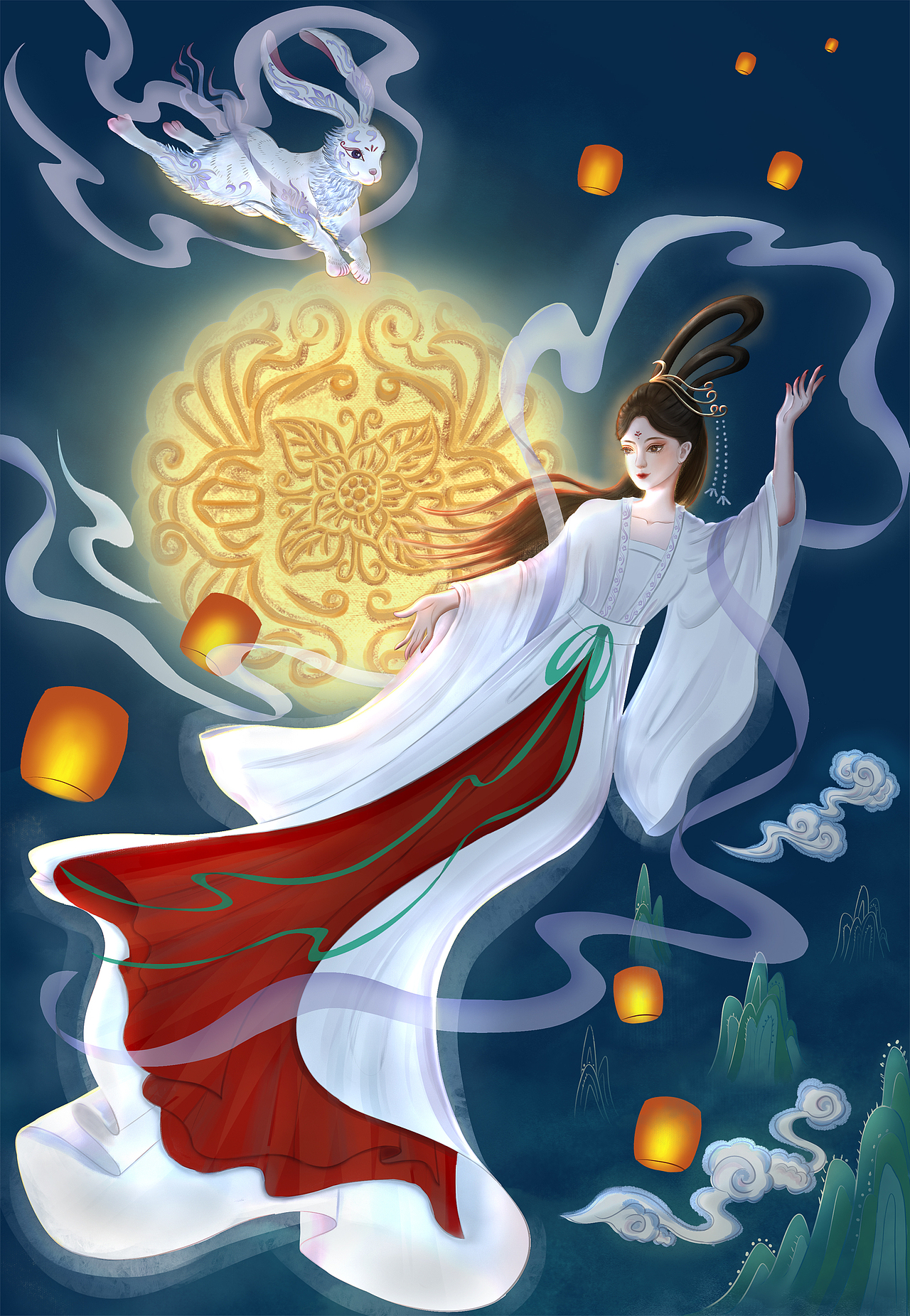 中秋节插画——嫦娥奔月  饼