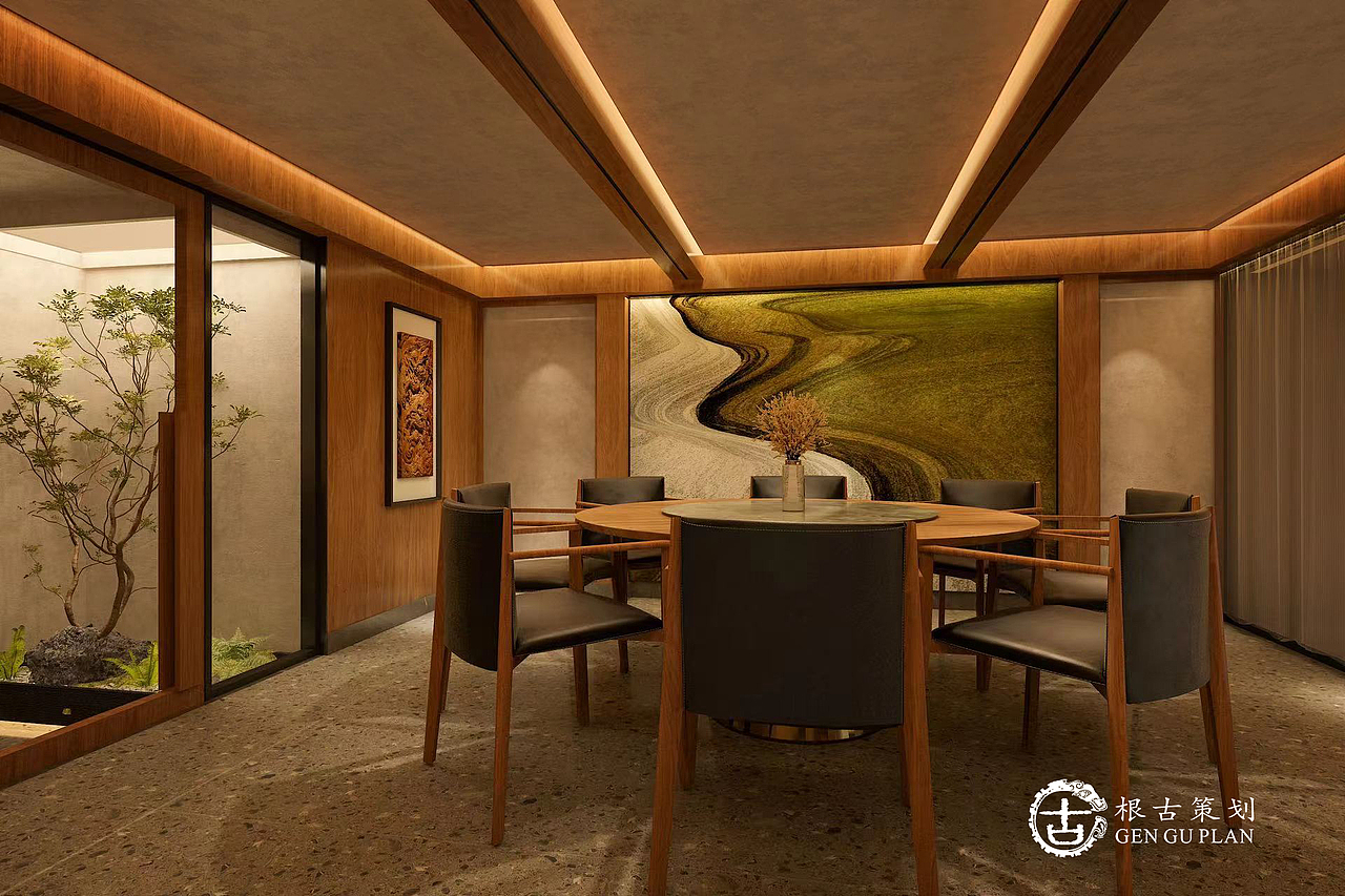 灯光上:动静结合。线性光源为引导动线,起到氛围光的作用,此为“动”;点状光源起到功能性作用,此为“静”;手作复古质感的冰裂板和品牌元素融合的发光灯箱在空间上起到宣传品牌文化的效果。
<br>材质上,空间设计运用大量木材石料配暖色灯光与留白;粗粝的石材表面与喷砂不锈钢结合,形成“新与旧”的碰撞;墙面艺术涂料,强调手工的肌理效果;复古兼具沉淀感的大面积木质元素则提升空间品质和细腻温润的感受,为使用者创建充满温度的空间感受与舒适的就餐体验。