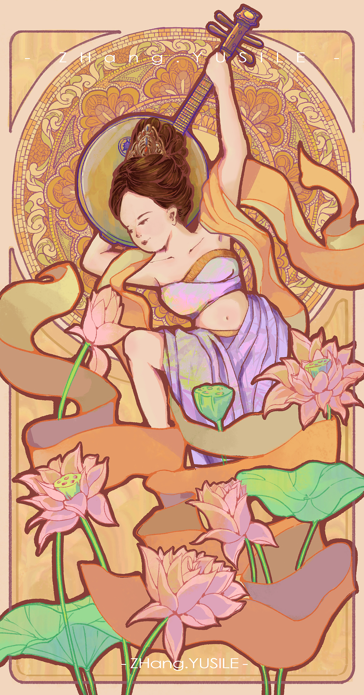 第一张.绘制这一张的时候,人物的脸还没有摸索出什么绘画的规律,只能是凭着练习速写的记忆去画,画出来的脸不太如人意.人物的衣褶也是比较生硬的.在莲花的绘制上一如既往的用了些功夫,这也是之前一直画场景的习惯——植物元素总是大于人物优先刻画.