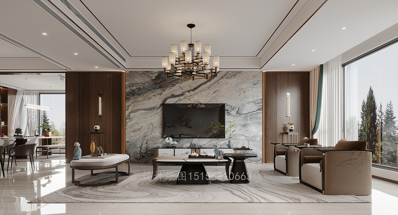 新中式现代中式大户型精装房-客厅餐厅卧室玄关一套