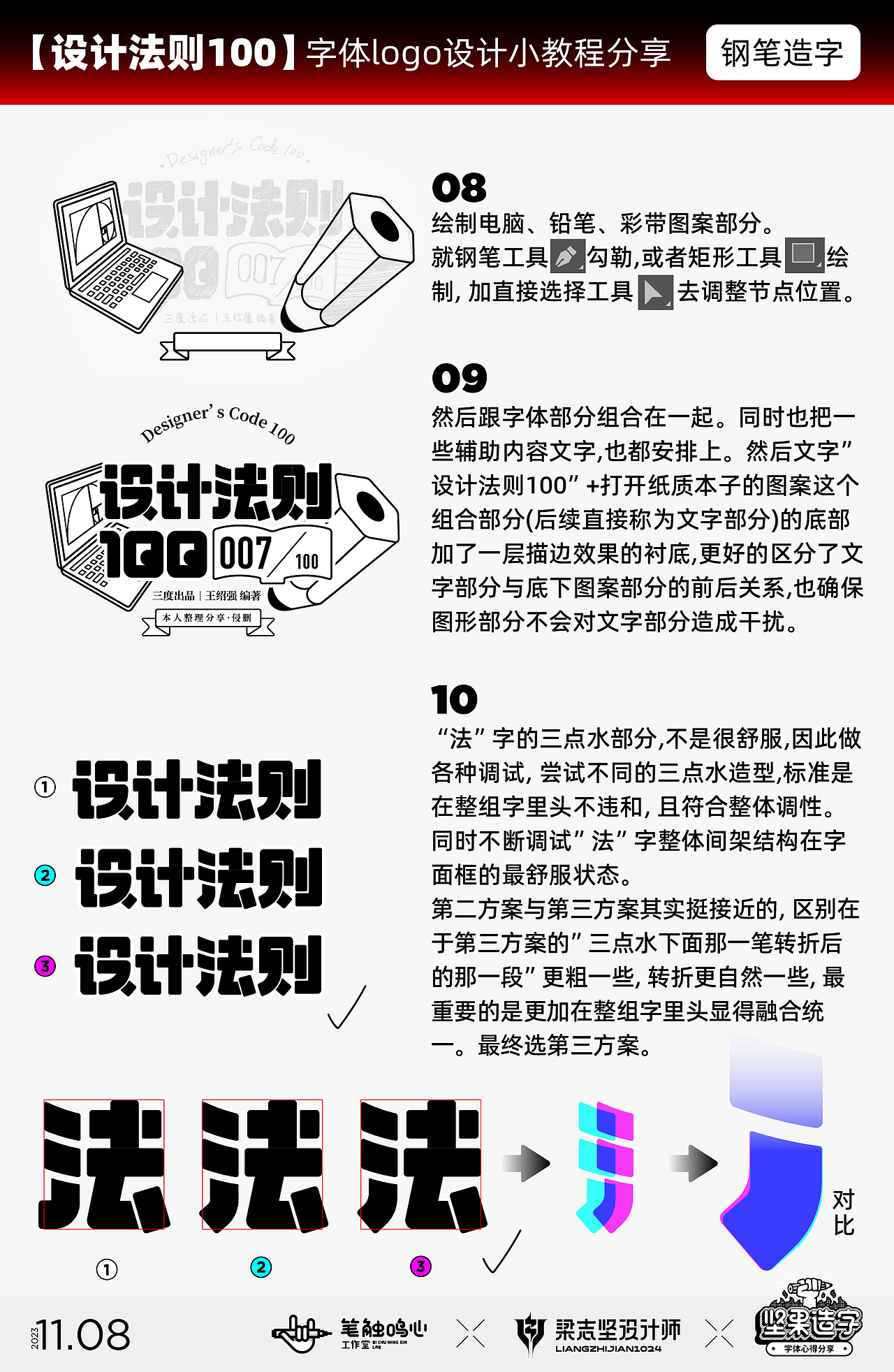 -
第八步<br>绘制电脑、铅笔、彩带图案部分。<br>就钢笔工具勾勒,或者矩形工具绘制,加直接选择工具去调整节点位置。<br><br>-<br>第九步<br>然后跟字体部分组合在一起。同时也把一些辅助内容文字,也都安排上。然后文字”设计法则100”+打开纸质本子的图案这个组合部分(后续直接称为文字部分)的底部加了一层描边效果的衬底,更好的区分了文字部分与底下图案部分的前后关系,也确保图形部分不会对文字部分造成干扰。<br><br>-<br>第十步<br>“法”字的三点水部分,不是很舒服,因此做各种调试, 尝试不同的三点水造型,标准是在整组字里头不违和, 且符合整体调性。<br>同时不断调试”法”字整体间架结构在字面框的最舒服状态。<br>第二方案与第三方案其实挺接近的, 区别在于第三方案的”三点水下面那一笔转折后的那一段”更粗一些, 转折更自然一些, 最重要的是更加在整组字里头显得融合统一。最终选第三方案。<br><br>
