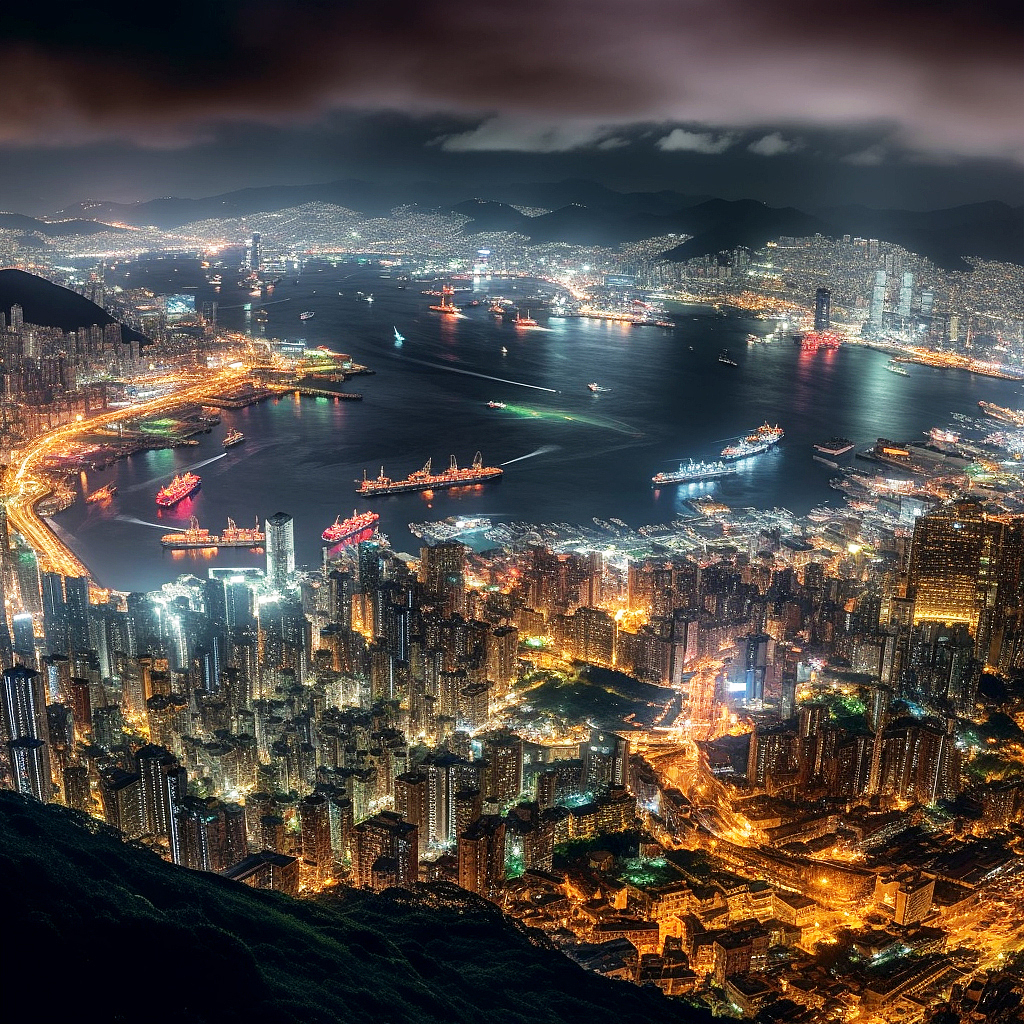 Midjourney创作香港维多利亚港夜晚风景