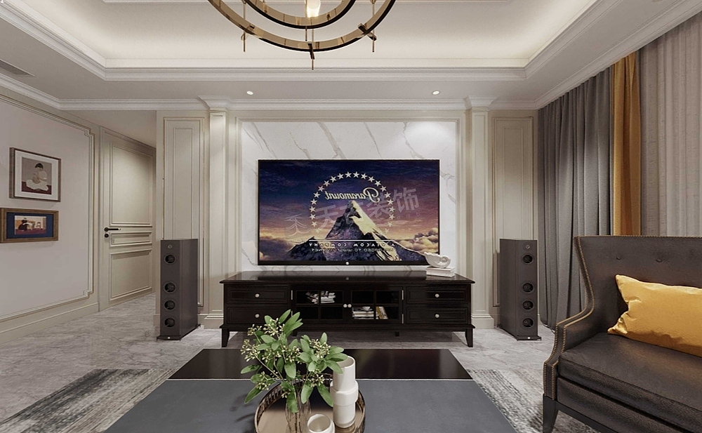 简美风格整体给人一种简约大气的气息,没有过多复杂的空间布局,每处都格外的干净利落,而且现代实用,无论是房顶的吊灯,还是脚下的地板,都没有琐碎多余的设计,表面光滑柔和,让人感觉温暖而舒适。