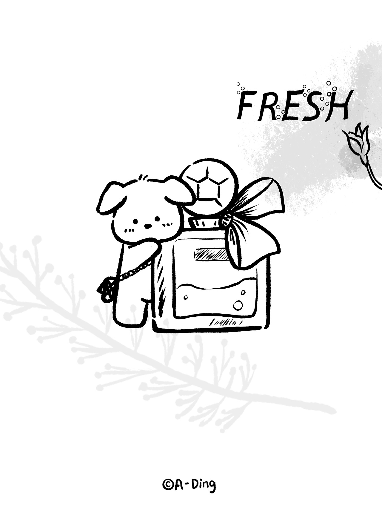 黑白线描手账素材-香喷喷与小可爱-简笔画香水与小狗