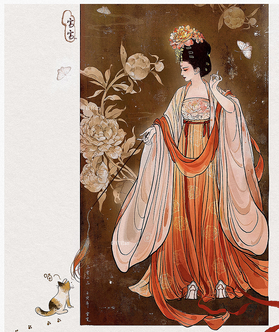 簪花仕女图之仙女逗猫猫