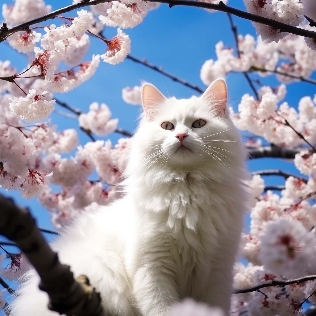 白猫坐在盛开的树上的照片