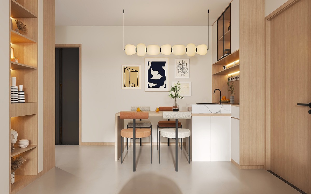 奶油风极简客餐厅效果图表现