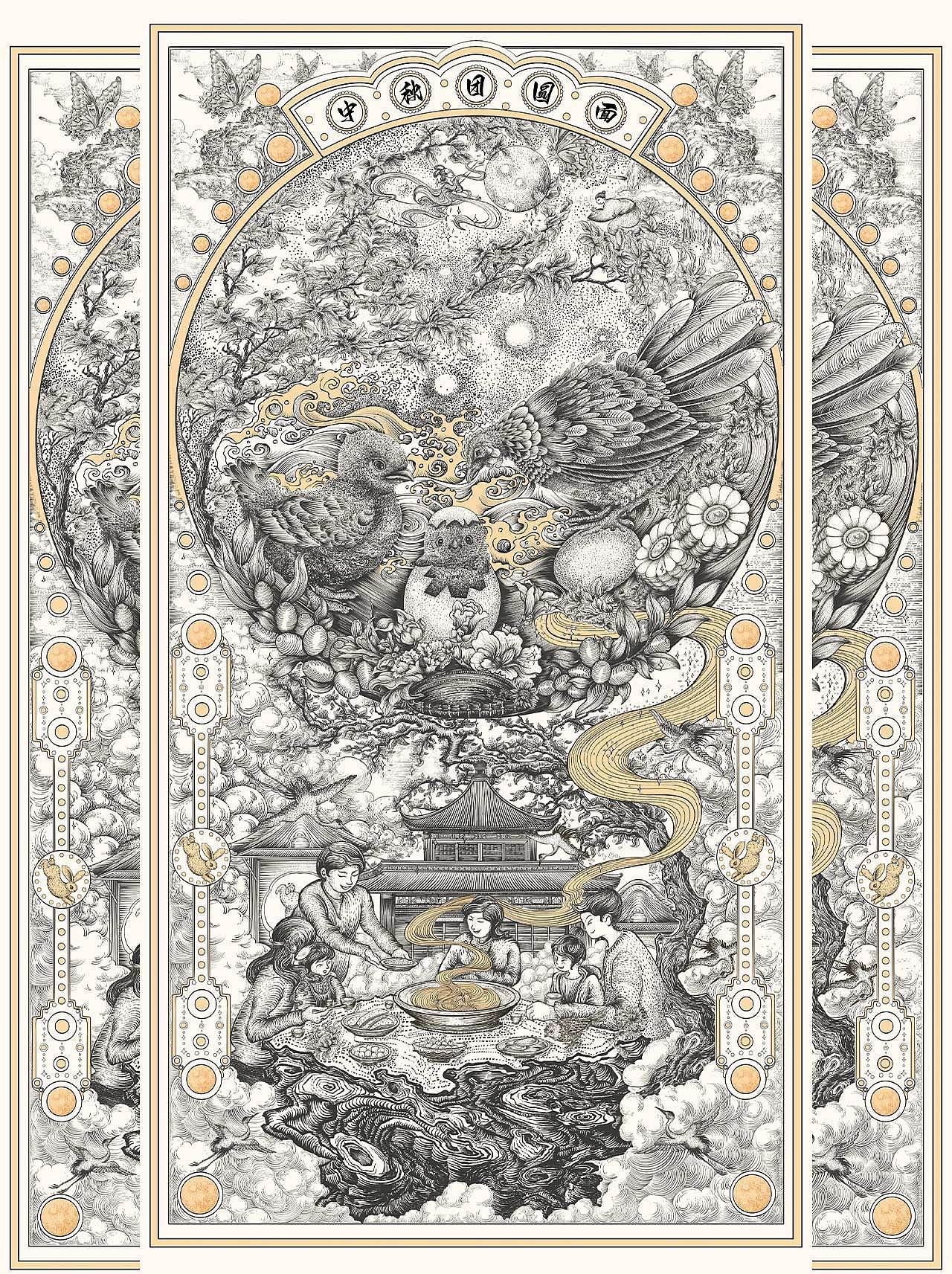 香汤花月团圆面——老母鸡汤面节日插画/中秋节/版画（图ZMzU1NDUxMjM2） - 商业插画 - 站酷设计师白杨by原创素材 - 站酷ZCOOL