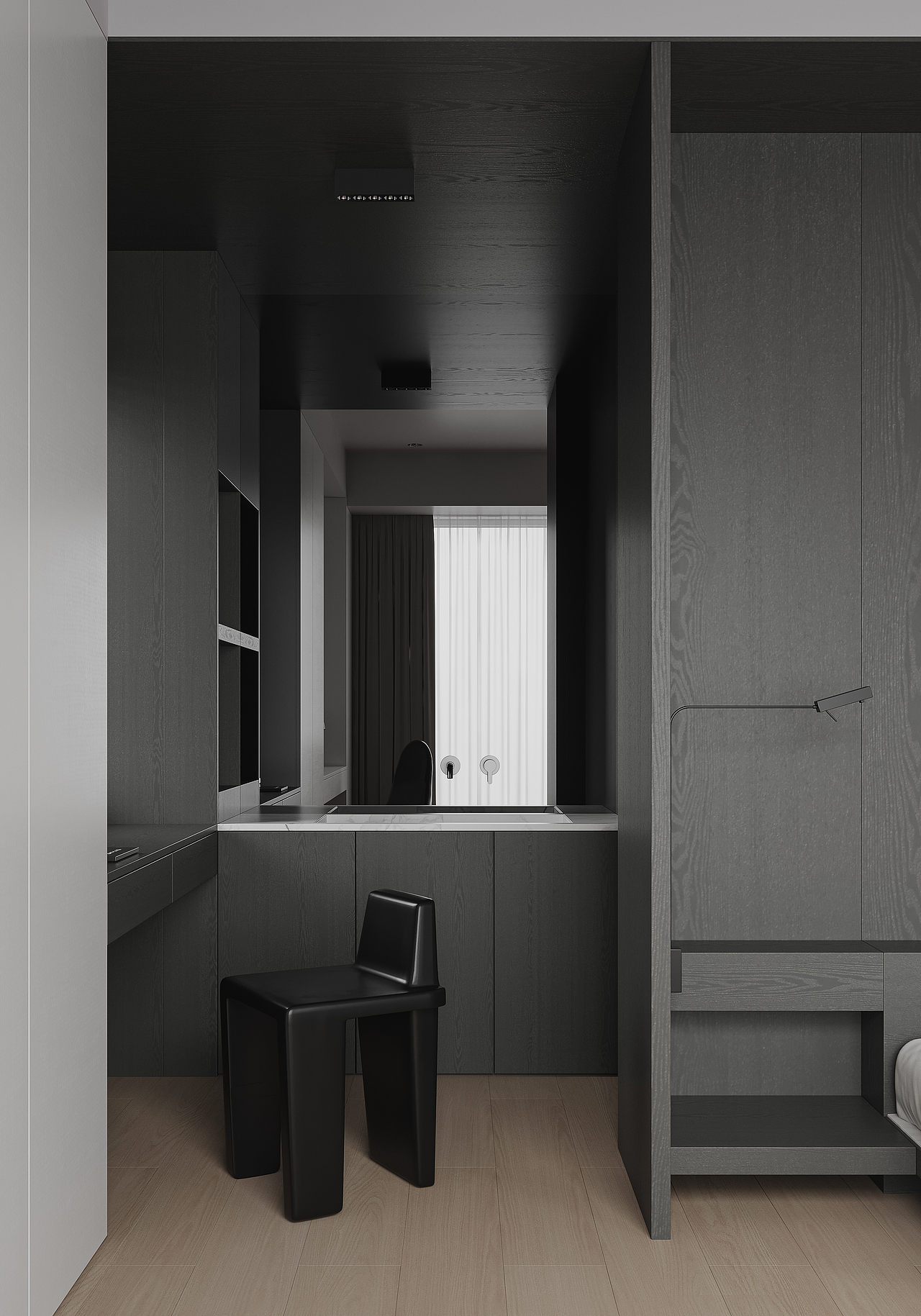 极简黑白灰主卧渲染